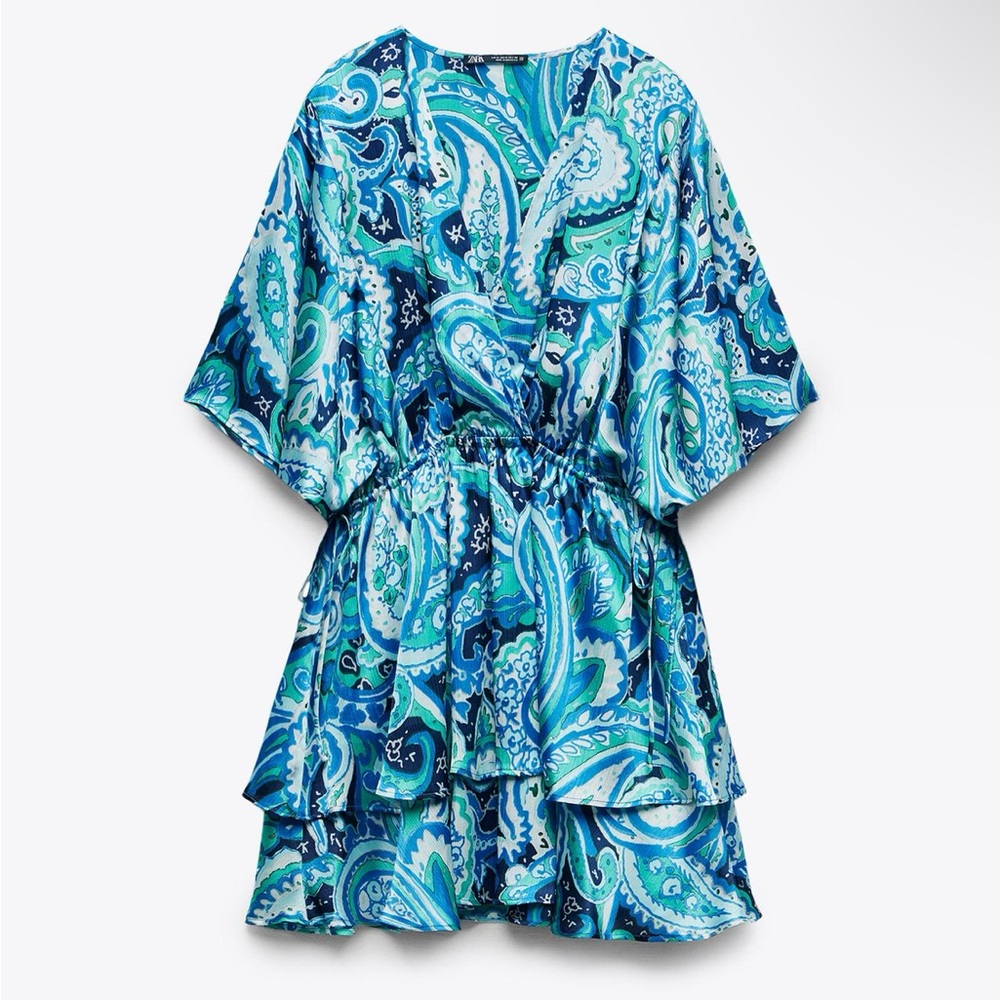 Zara Turquoise and White Paisley Blouse Dress